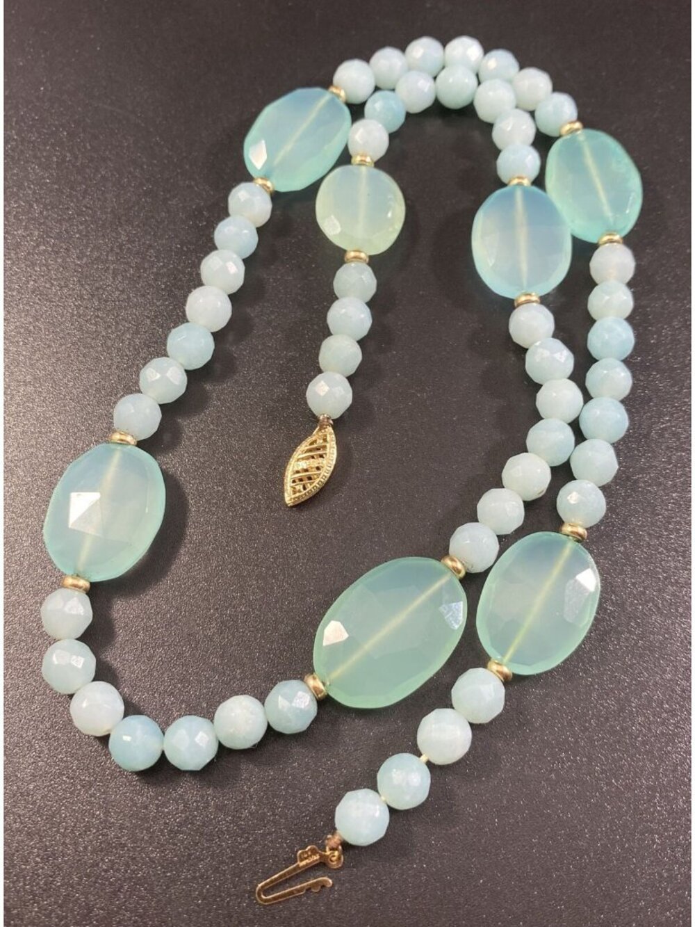 14K Necklace GOLD CHALCEDONY GREEN AQUA CRYSTAL BEAD STRAND NECKLACE Jewel Mak